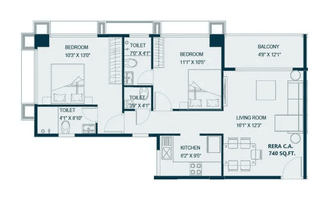 Chaitanya Ganpati Baug Unit plan - 740 sq.ft.