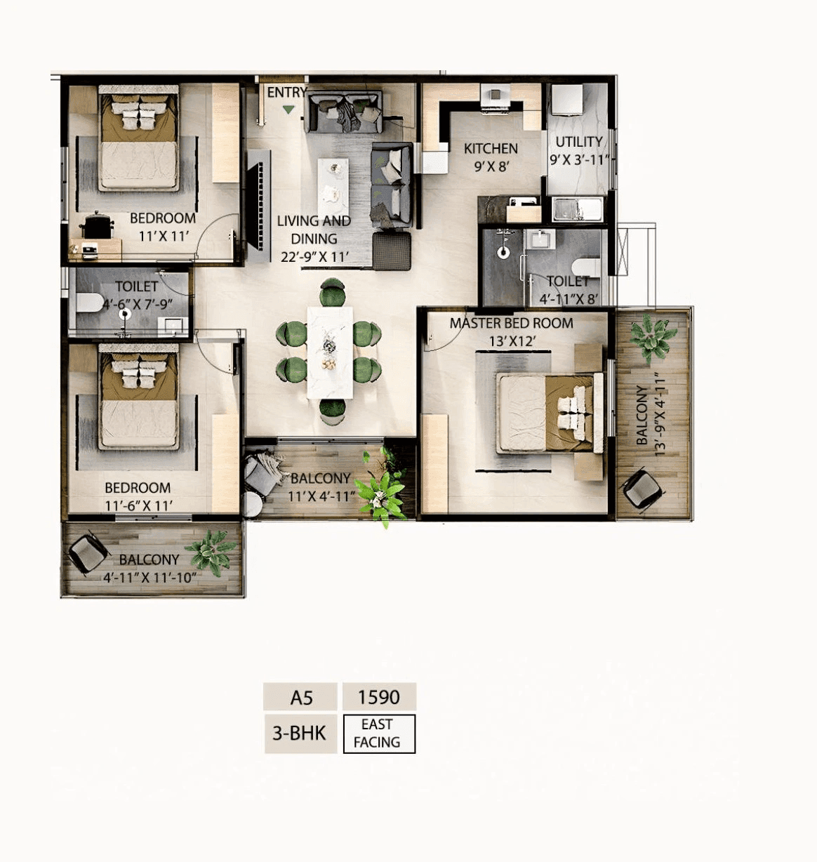 Candeur Novo Gardenia Unit plan - 1081 sq.ft.