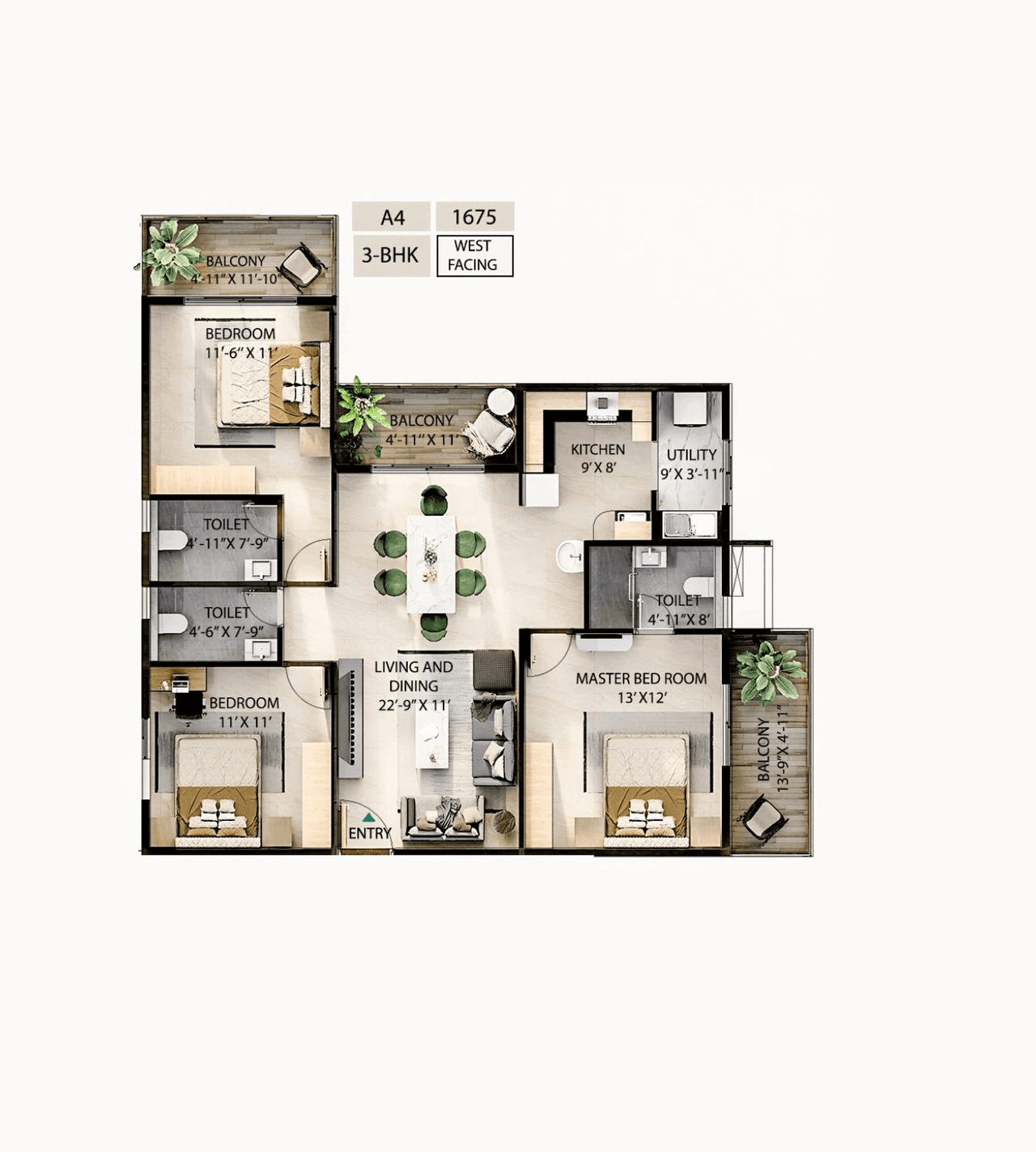 Candeur Novo Gardenia Unit plan - 1139 sq.ft.
