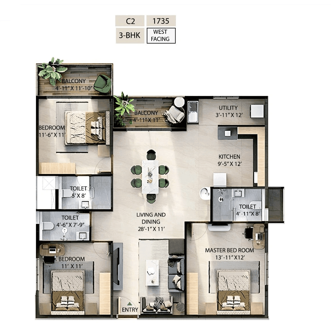Candeur Novo Gardenia Unit plan - 1180 sq.ft.