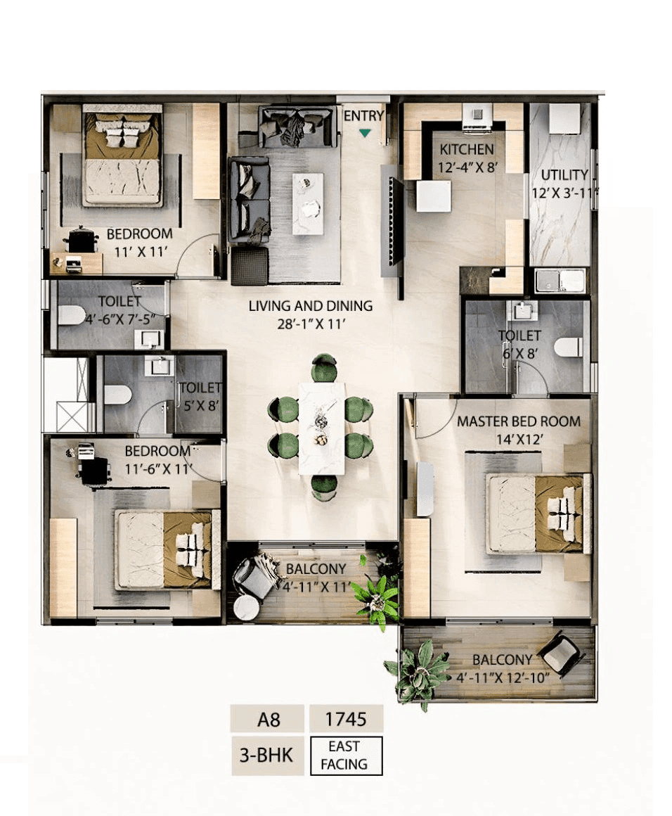Candeur Novo Gardenia Unit plan - 1187 sq.ft.