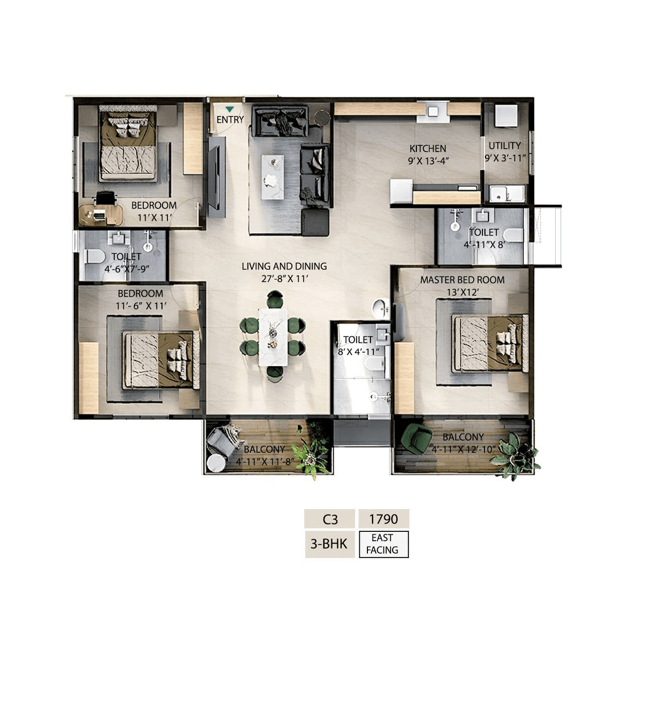 Candeur Novo Gardenia Unit plan - 1217 sq.ft.