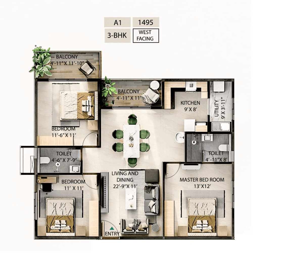Candeur Novo Gardenia Unit plan - 1017 sq.ft.
