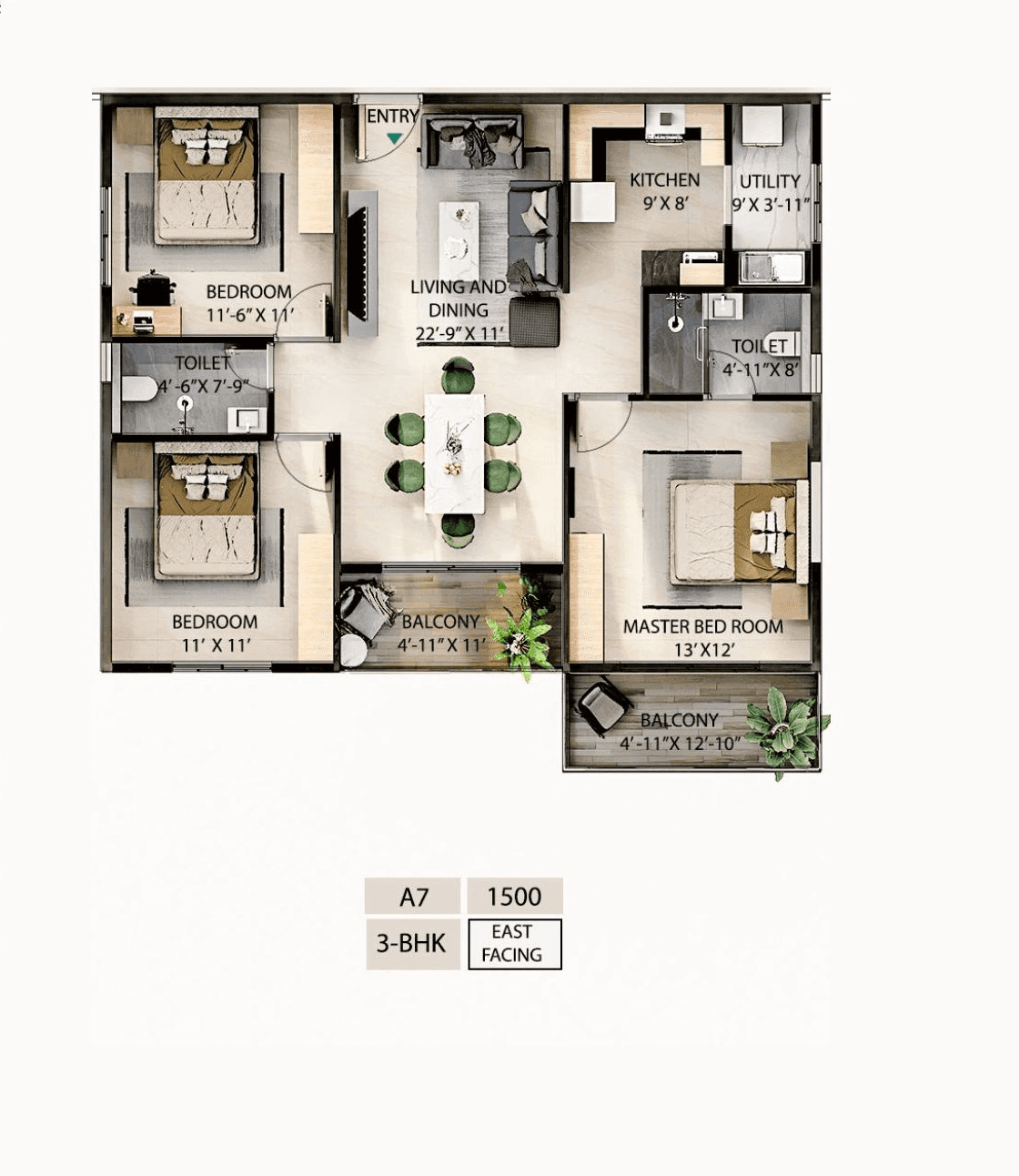 Candeur Novo Gardenia Unit plan - 1020 sq.ft.