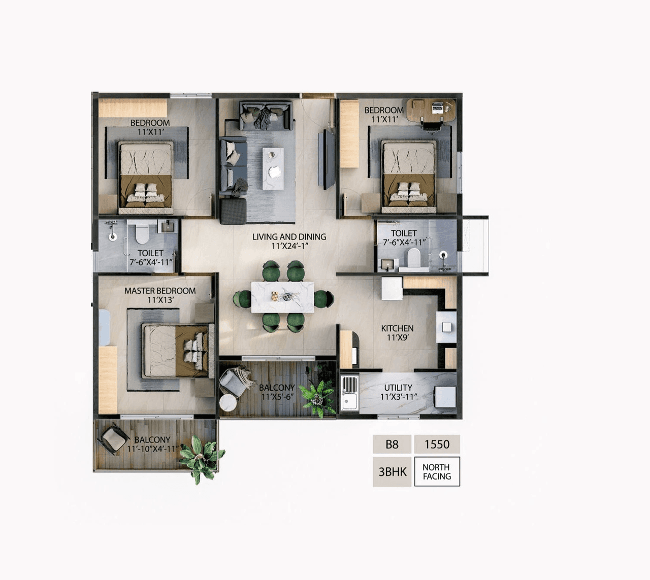 Candeur Novo Gardenia Unit plan - 1054 sq.ft.