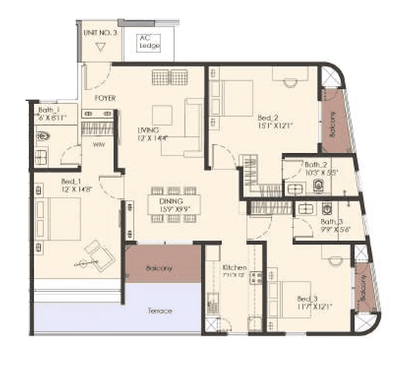Sattva Aaranya Unit plan - 1324 sq.ft.