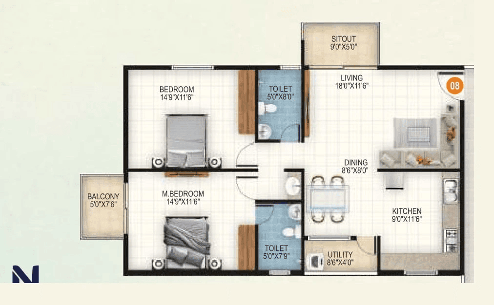 Aryan 1 Celeste Unit plan - 950 sq.ft.