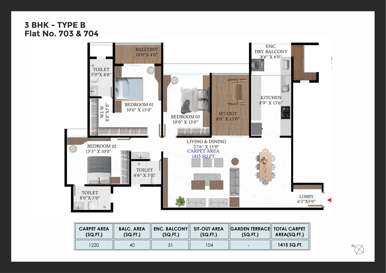Krishna Sai Palladium Unit plan - 1415 sq.ft.
