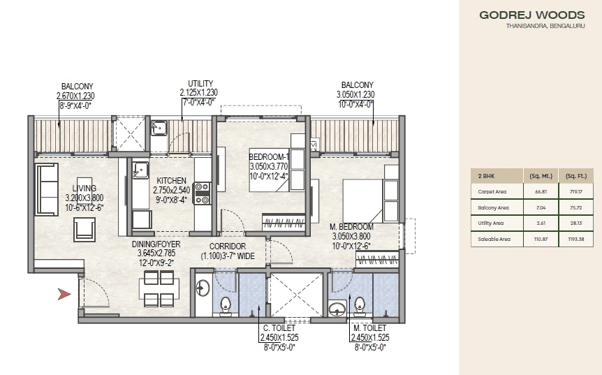 Godrej Thanisandra Unit plan - 719 sq.ft.