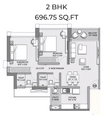 Raymond Wadala Unit plan - 696 sq.ft.