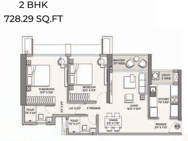 Raymond Wadala Unit plan - 728 sq.ft.