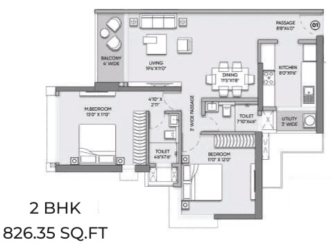 Raymond Wadala Unit plan - 826 sq.ft.