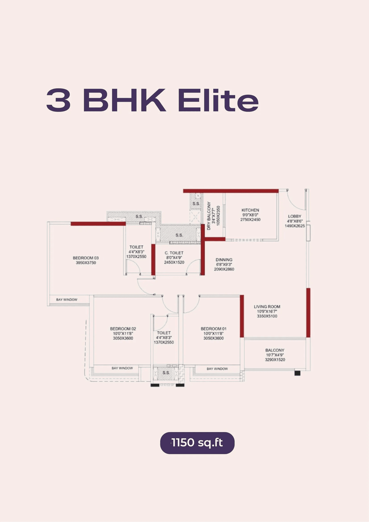 Pride Purple Real Unit plan - 1150 sq.ft.