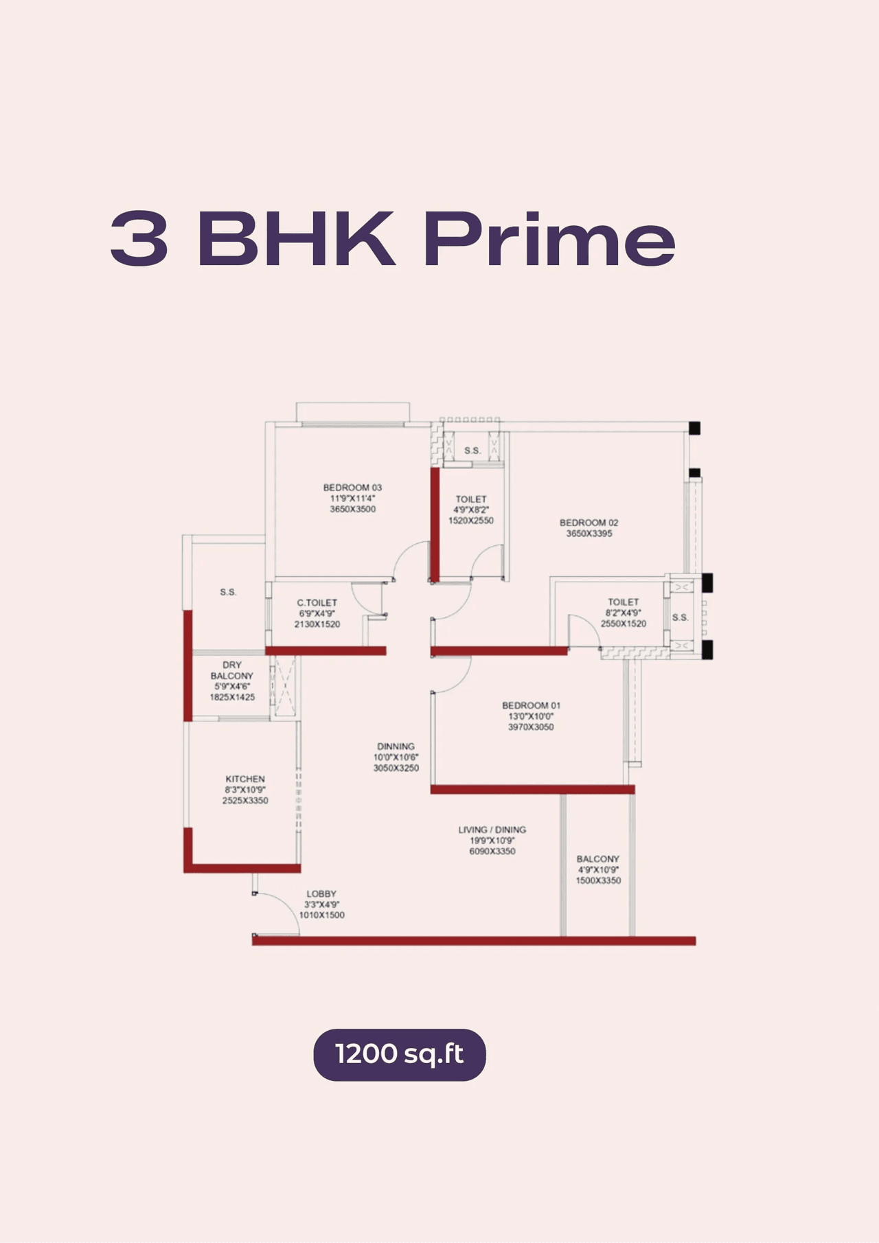 Pride Purple Real Unit plan - 1200 sq.ft.