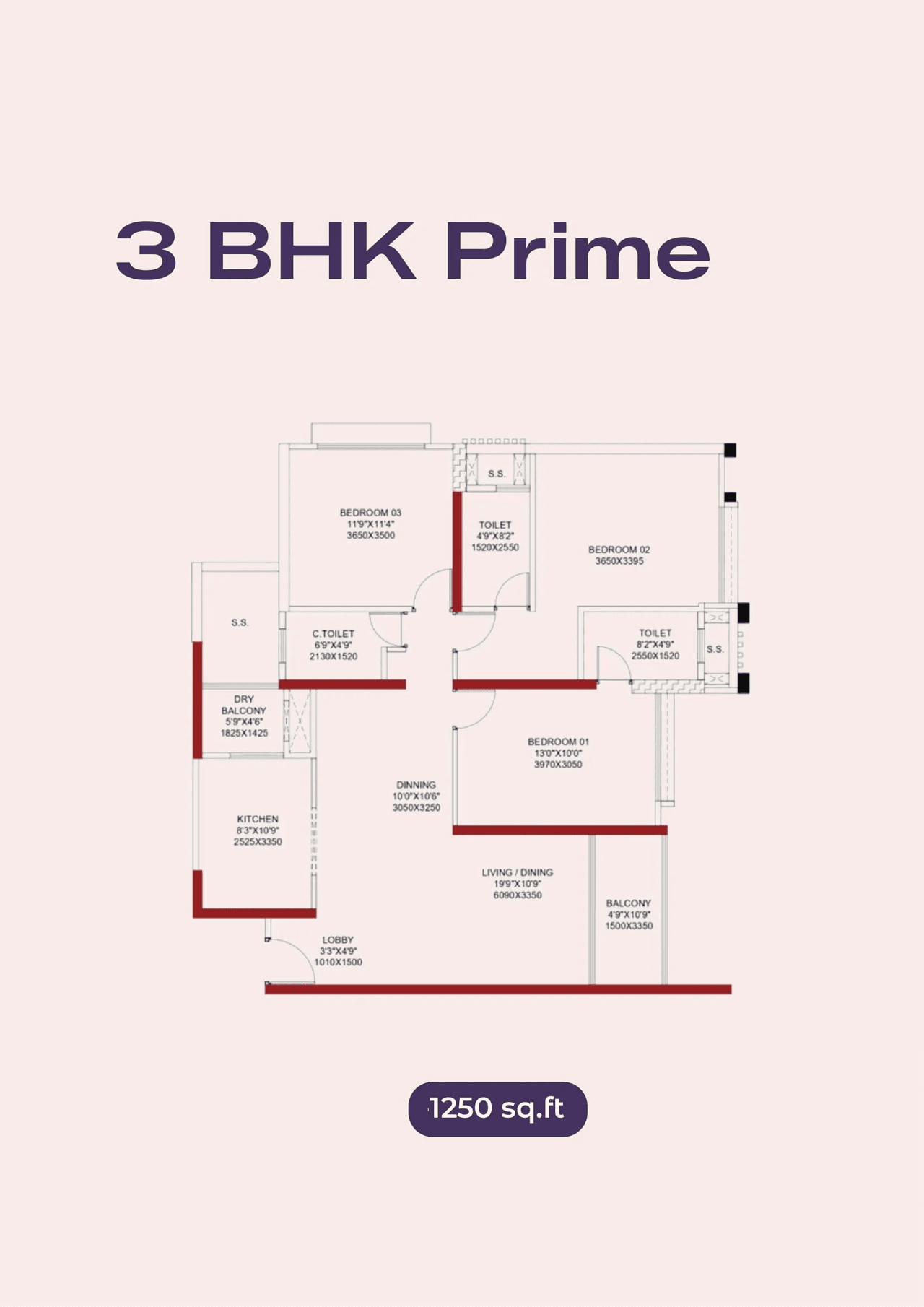 Pride Purple Real Unit plan - 1250 sq.ft.