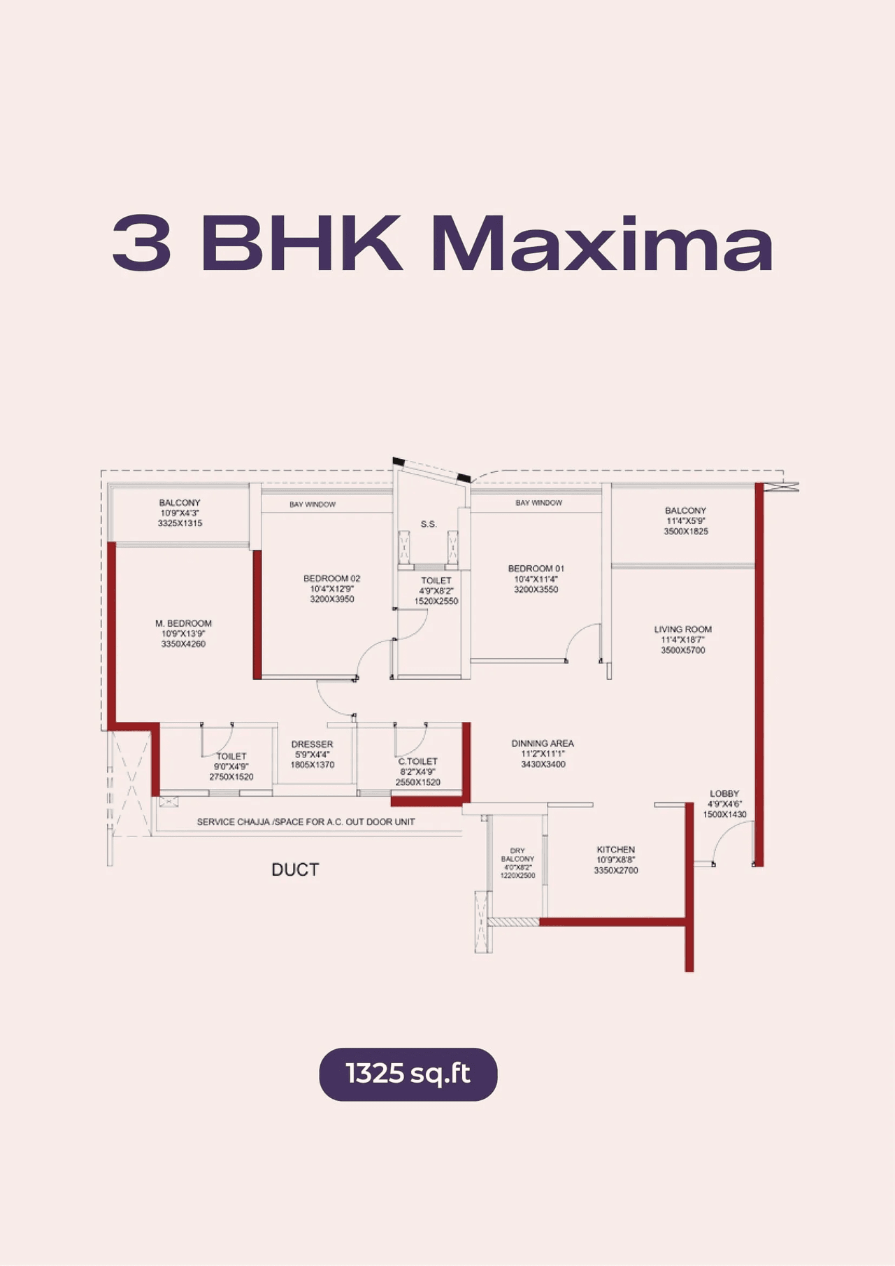 Pride Purple Real Unit plan - 1325 sq.ft.