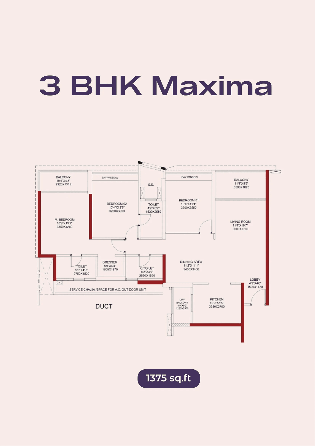 Pride Purple Real Unit plan - 1375 sq.ft.