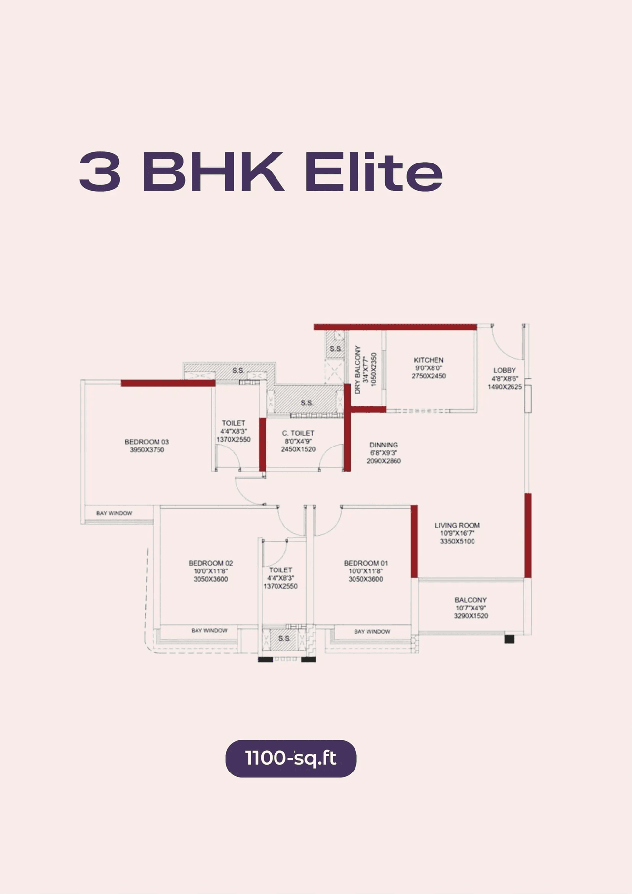 Pride Purple Real Unit plan - 1100 sq.ft.