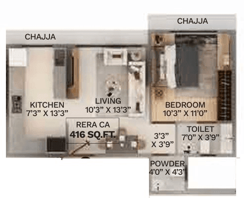 Tigon Garodia Nagar Unit plan - 416 sq.ft.