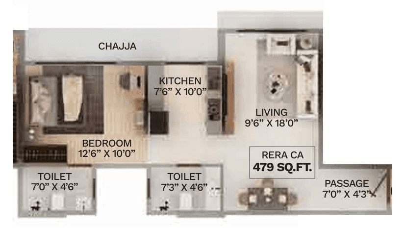 Tigon Garodia Nagar Unit plan - 479 sq.ft.