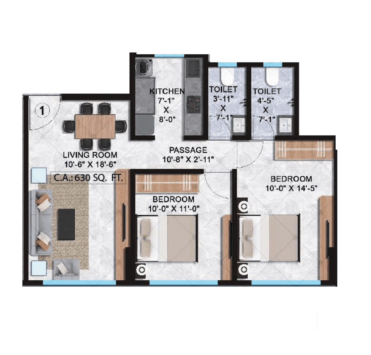 Lashkaria Solitaire Unit plan - 630 sq.ft.