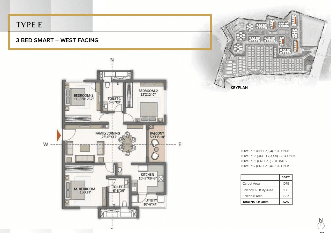 The Prestige City Hyderabad Unit plan - 1079 sq.ft.
