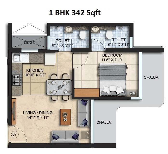Spenta Ornata Unit plan - 342 sq.ft.
