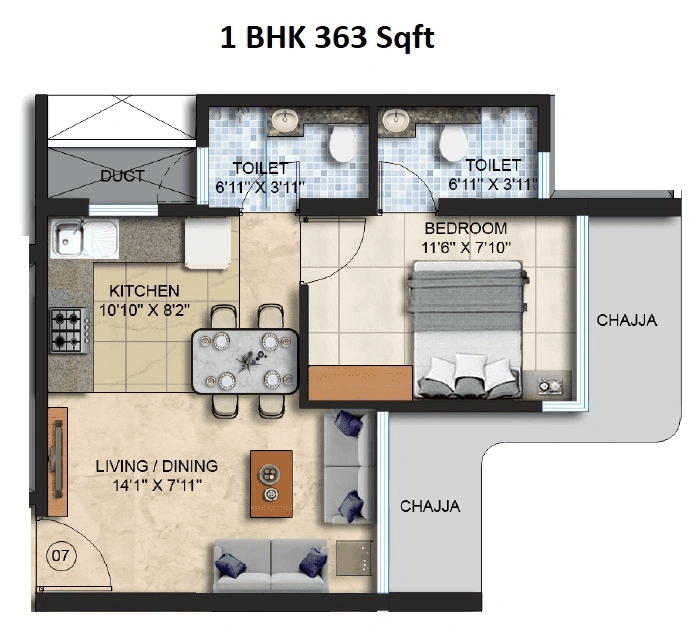 Spenta Ornata Unit plan - 363 sq.ft.