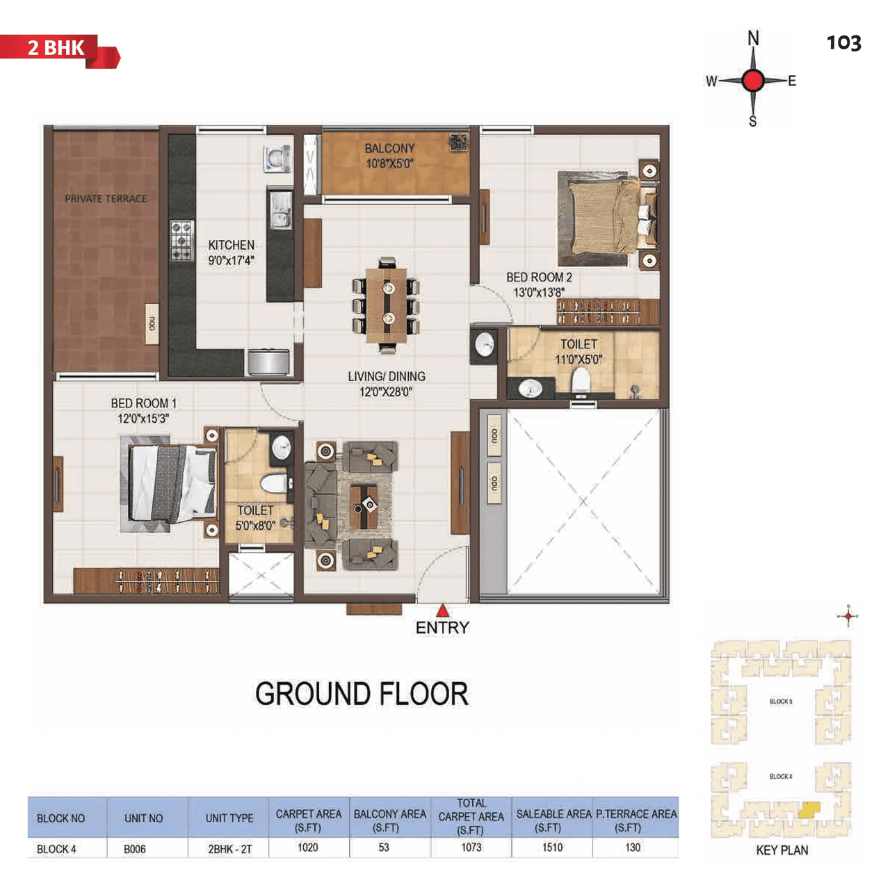 Casagrand Majestica Unit plan - 1073 sq.ft.