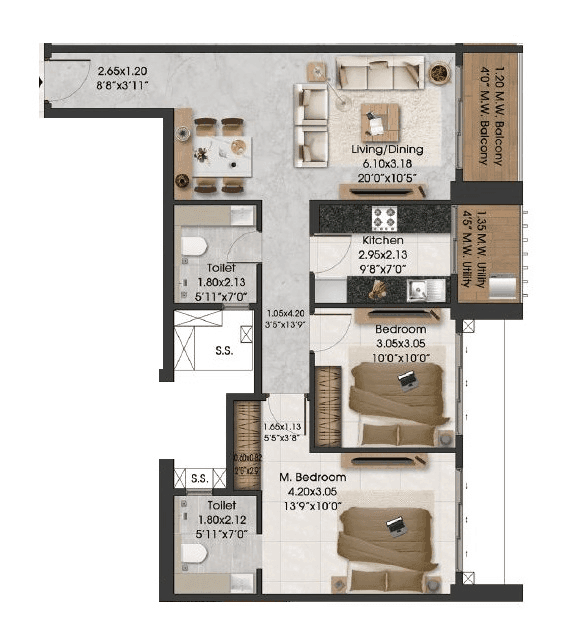Adani Airica Unit plan - 738 sq.ft.