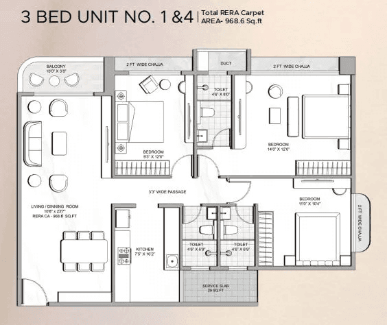 Multistar Autograph Residency Unit plan - 968 sq.ft.