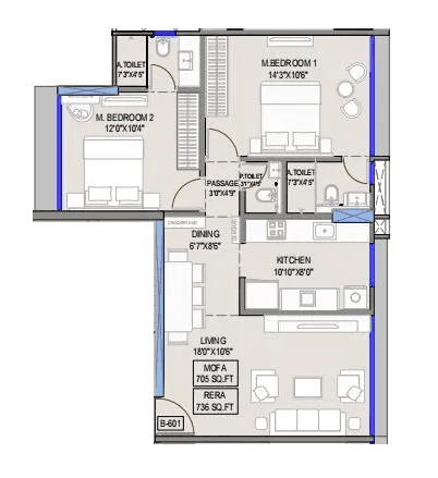 Jet Ananta Unit plan - 736 sq.ft.