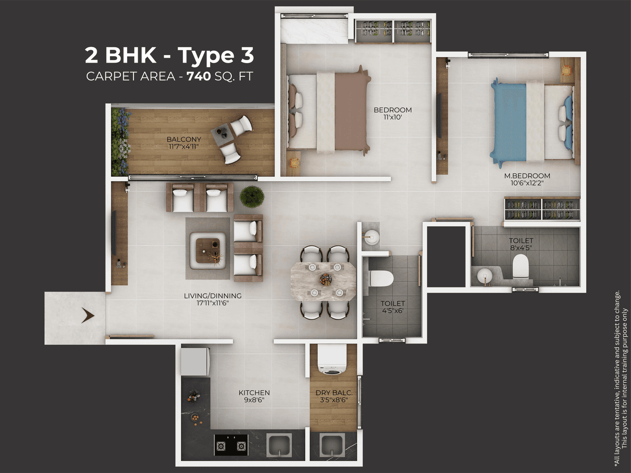 Vardhaman The 44 Unit plan - 740 sq.ft.