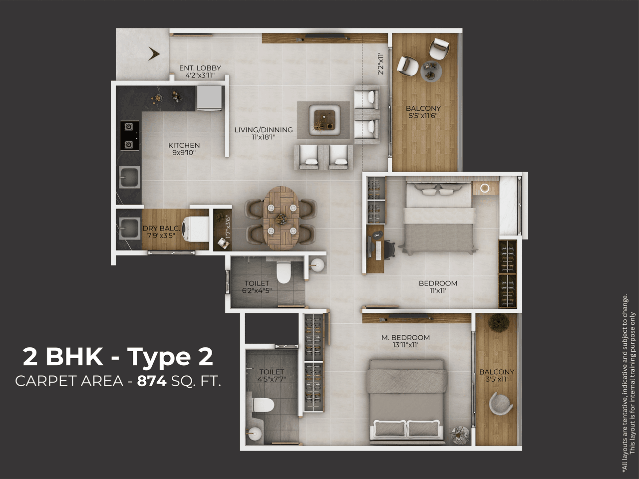 Vardhaman The 44 Unit plan - 874 sq.ft.