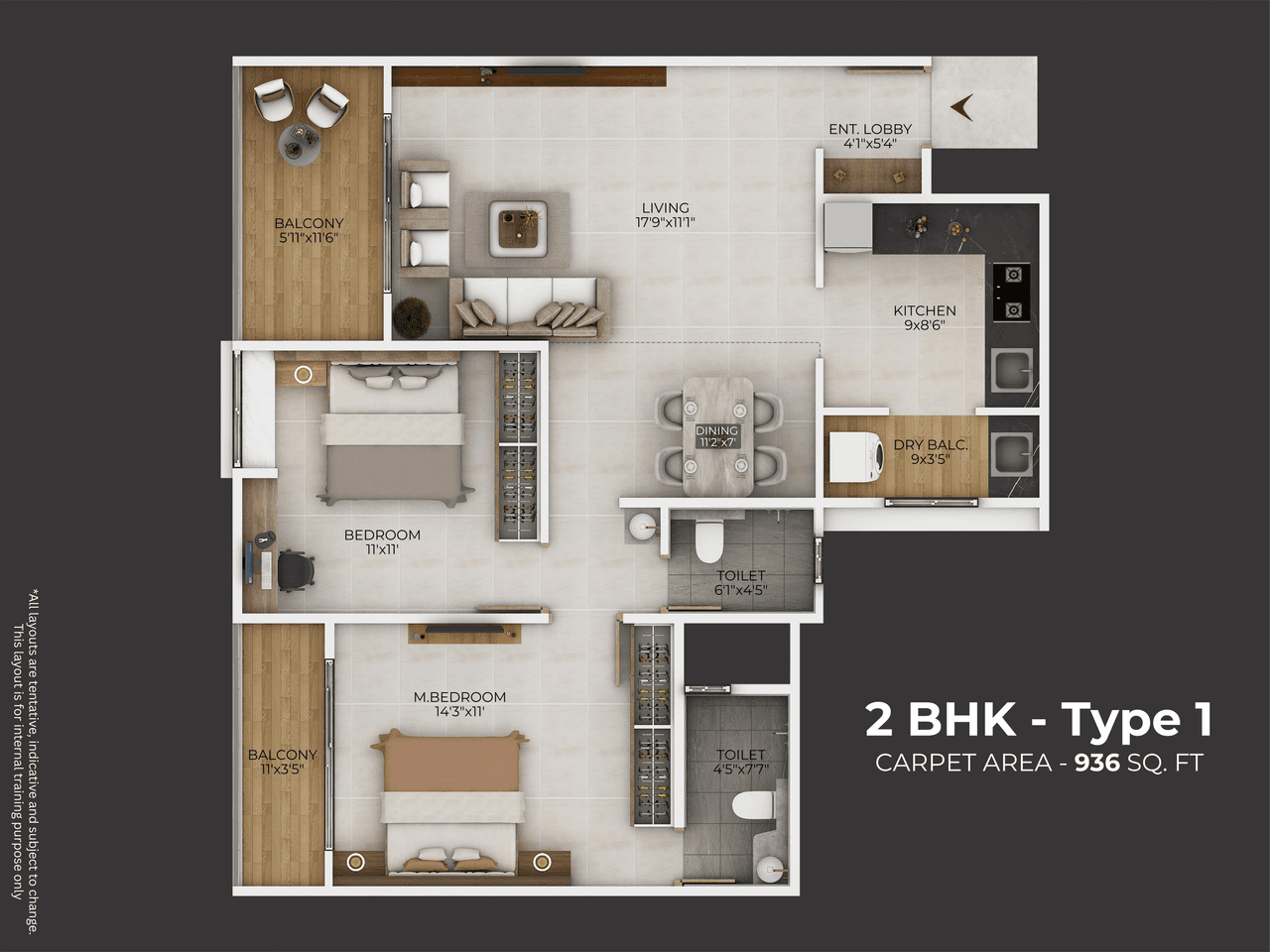 Vardhaman The 44 Unit plan - 936 sq.ft.