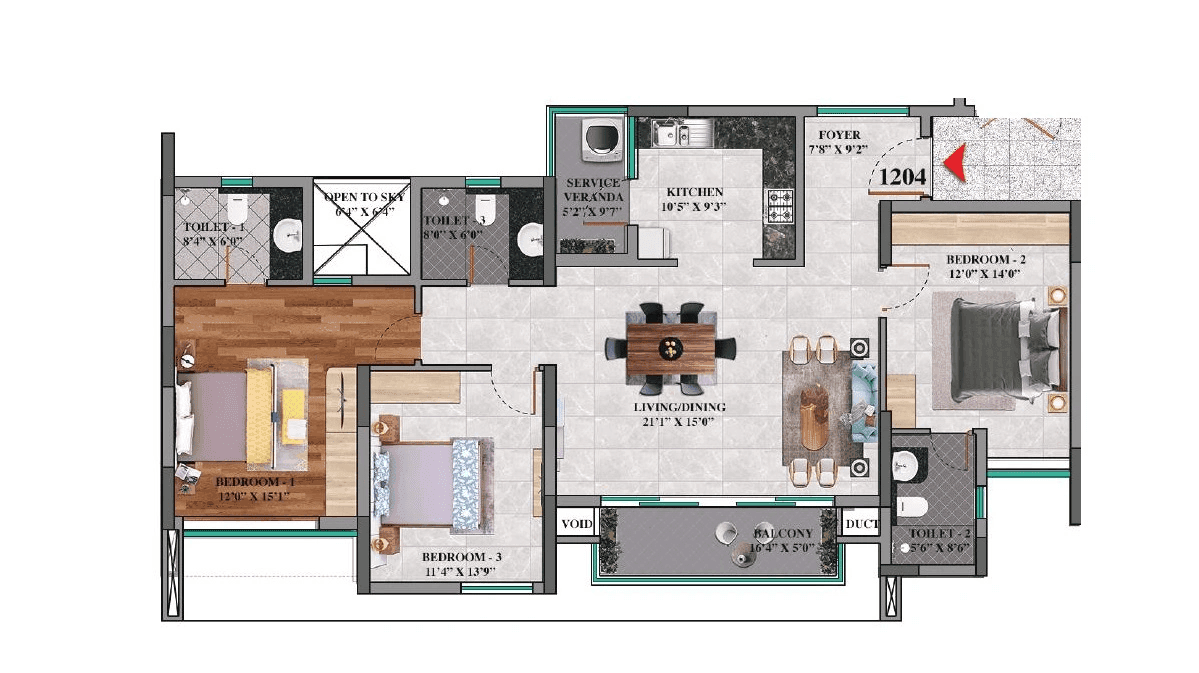 Purva Somerset House Unit plan - 1243 sq.ft.