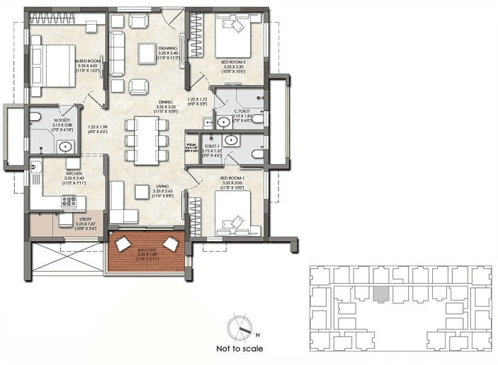 Kalpataru Avante Unit plan - 1330 sq.ft.