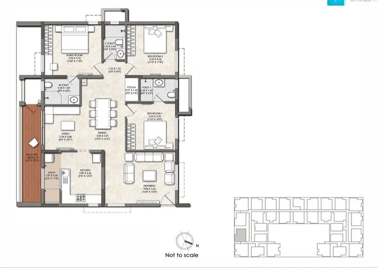 Kalpataru Avante Unit plan - 1500 sq.ft.