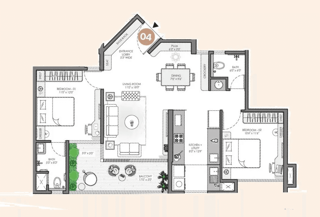 VJ Palladio Central Unit plan - 904 sq.ft.