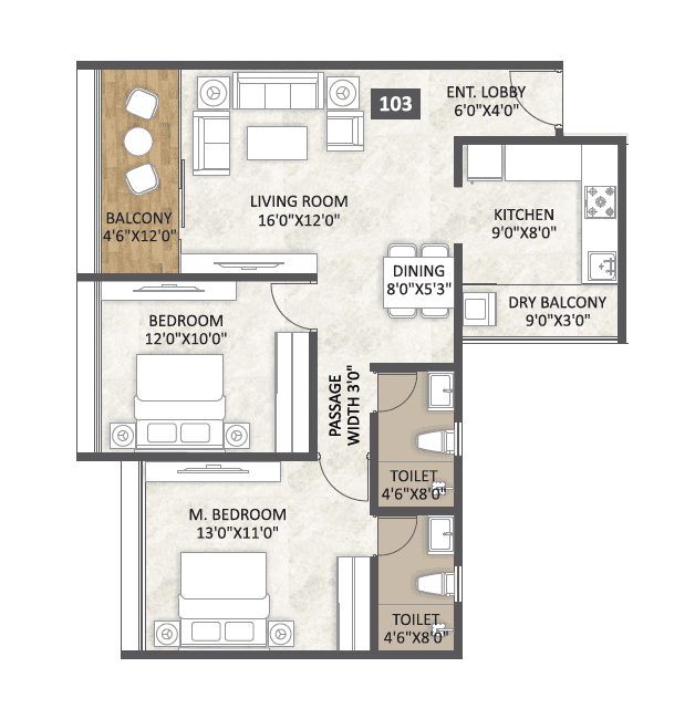Unitary Keshav Nagar Unit plan - 787 sq.ft.