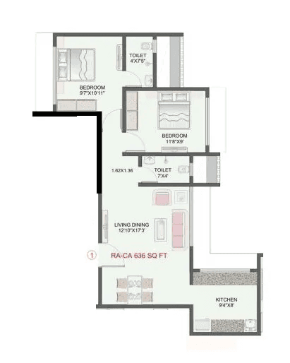 Multi Space Skylark Heights Unit plan - 636 sq.ft.