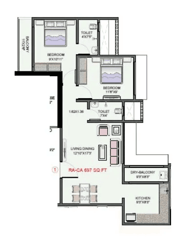 Multi Space Skylark Heights Unit plan - 697 sq.ft.