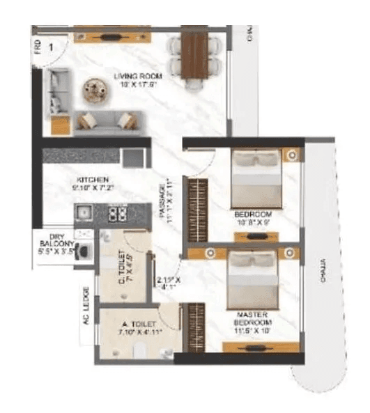 Right Channel Tower 28 Unit plan - 634 sq.ft.