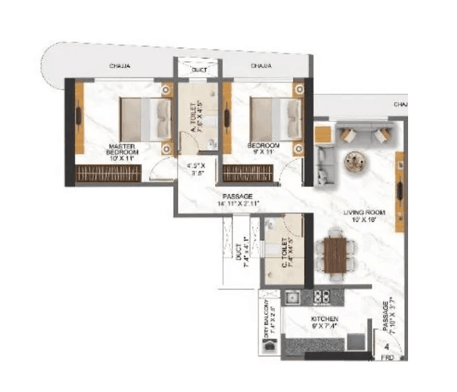 Right Channel Tower 28 Unit plan - 683 sq.ft.