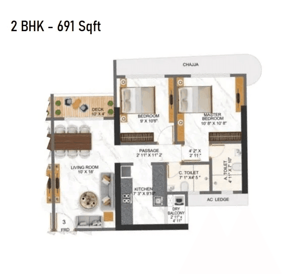 Right Channel Tower 28 Unit plan - 691 sq.ft.