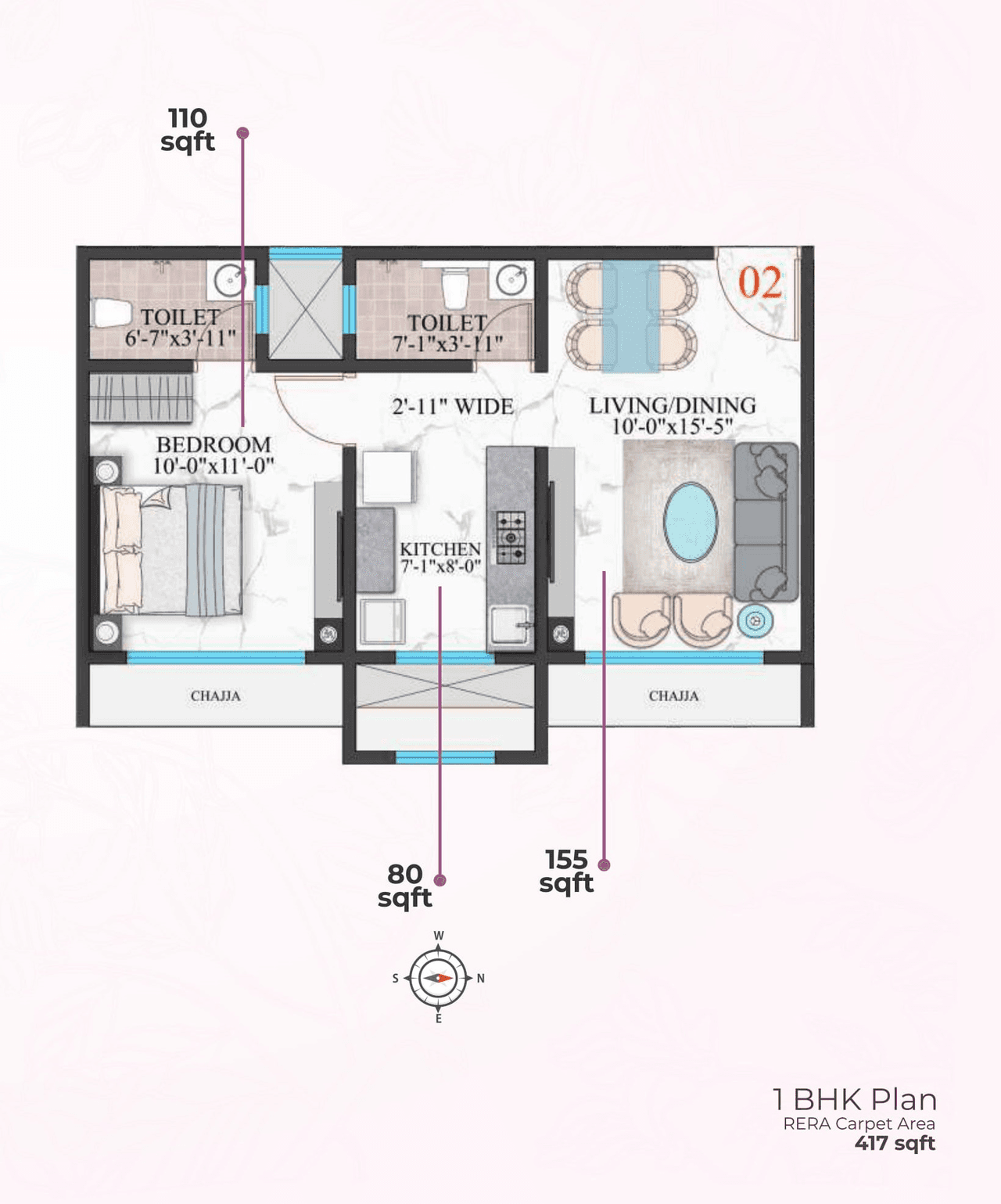 Modirealty Wisteria Unit plan - 417 sq.ft.