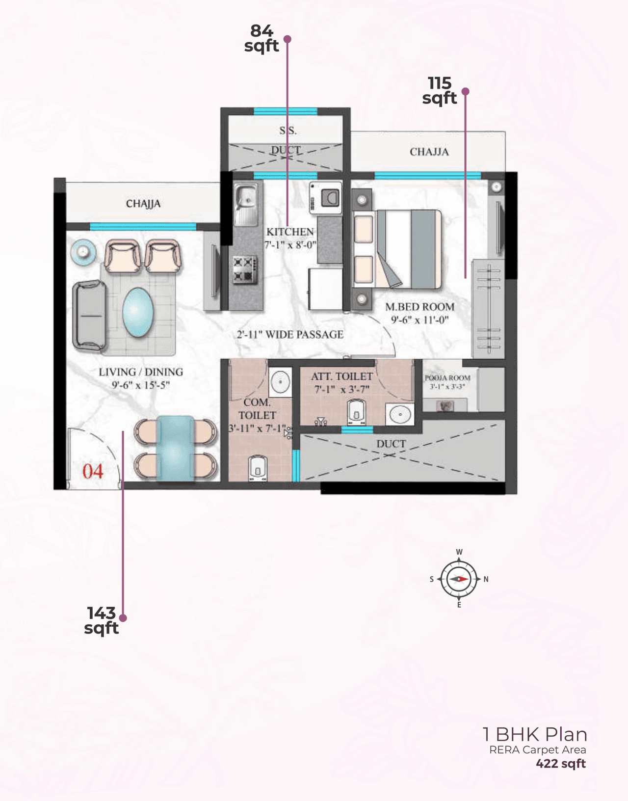 Modirealty Wisteria Unit plan - 422 sq.ft.