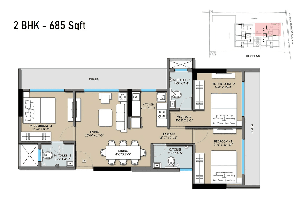 Alliance Abhimanyu Unit plan - 685 sq.ft.
