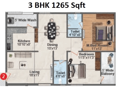 Hyndava MNK Heights Unit plan - 886 sq.ft.