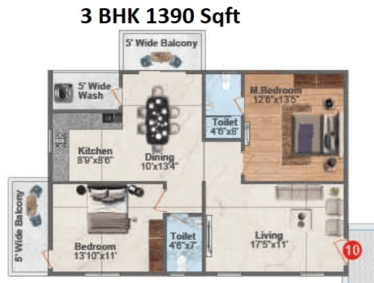Hyndava MNK Heights Unit plan - 973 sq.ft.